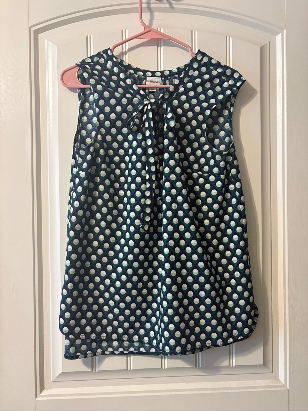 Merona Navy, White & Mint Geometric Polka Dot Tie-Neck Blouse